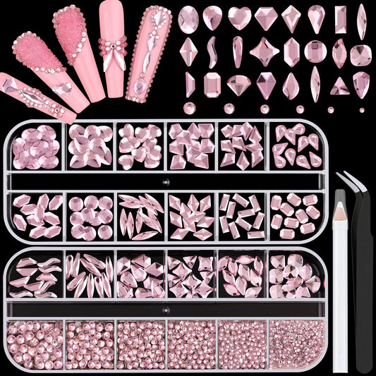 1680Pcs Pink Glass Nail Rhinestones 180Pcs Multi Shapes Flatback Nail Gems + 1500Pcs 1.5-4mm Round Crystal, Manicure Nail Charms Diamond Gemstones for Acrylic Nails Decoration-GlimoraGlow