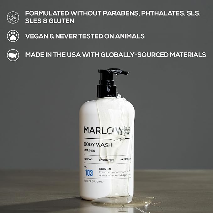 MARLOWE. No. 103 Body Wash 16 oz Pump, Original, Energizing & Refreshing Shower Gel with Willow Bark & Green Tea Extracts, Cleanses, Moisturizes, Smooths & Nourishes, Fresh Pine & Agarwood Scent-GlimoraGlow