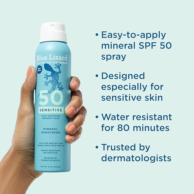 Blue Lizard Sensitive Mineral SPF 50 Spray, Dermatologist-Recommended Brand, Broad-Spectrum UVA/UVB Protection, Water-Resistant, Zinc Oxide Formula, 5 oz-GlimoraGlow