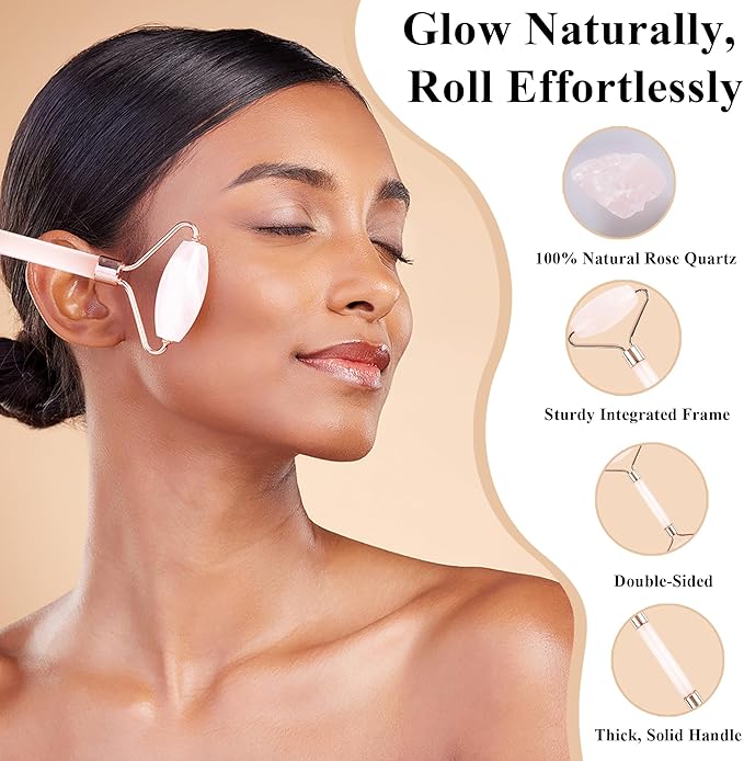 Natural Jade Roller for Face - Aging Wrinkles, Puffiness Facial Skin Massager Treatment Therapy - Premium Jade Stone, by Crystal Lemon (Rose Quartz)-GlimoraGlow