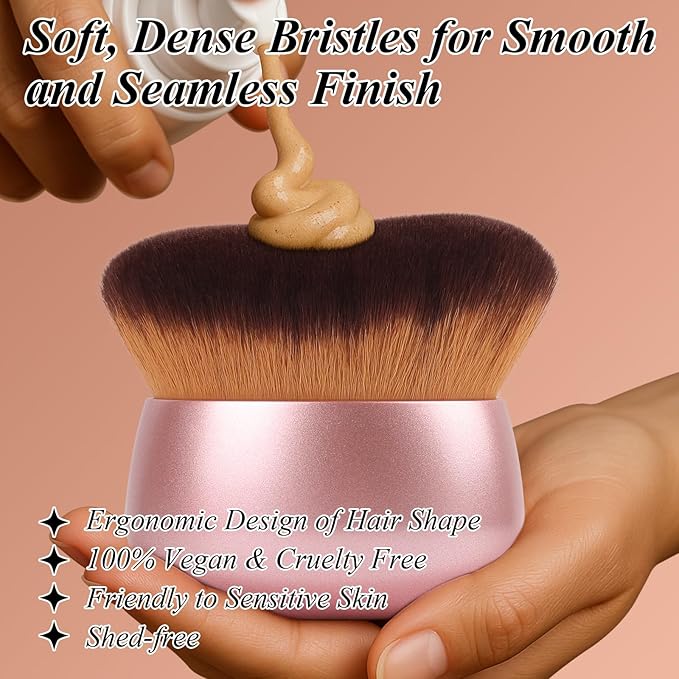 75MM Extra Large Self Tanner Kabuki Makeup Brush – Ultra Soft Dense Vegan Bristles for Body Makeup, Bronzer & Foundation–Applies Tanning Mousse, Lotion & Self Tanner–Rose Gold, Wet & Dry-GlimoraGlow