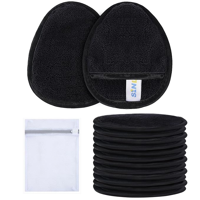 SINLAND Reusable Makeup Remover Pads For Face,Eye,Lips Microfiber Gentle Facial Cleansing Cloths for All Skin Types Friendly for Makeup Remover With Laundry Bag Black Pack of 12-GlimoraGlow