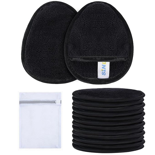 SINLAND Reusable Makeup Remover Pads For Face,Eye,Lips Microfiber Gentle Facial Cleansing Cloths for All Skin Types Friendly for Makeup Remover With Laundry Bag Black Pack of 12-GlimoraGlow