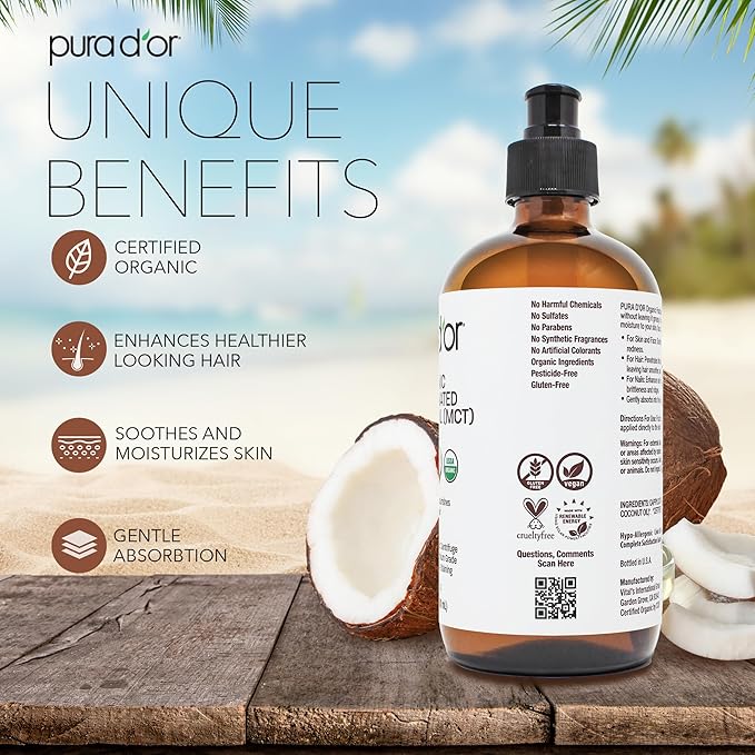 PURA D'OR 16.9 Oz ORGANIC Fractionated Coconut Oil MCT Oil (GLASS BOTTLE) 100% Pure & Natural USDA Certified Cold Pressed - Unscented, Hexane Free Moisturizer For Face, Skin & Hair Tonic - Men & Women-GlimoraGlow