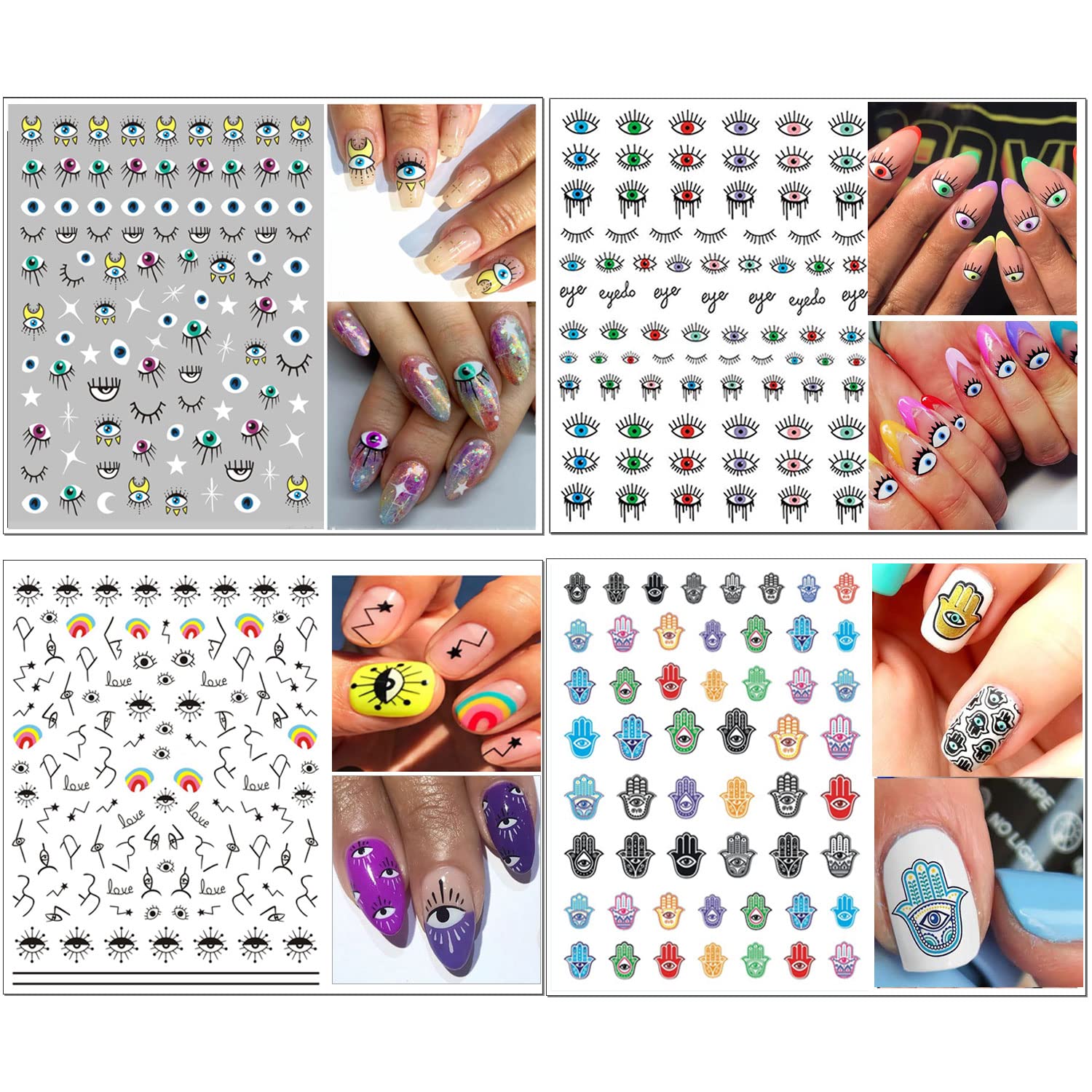 14 Sheets Evil Eye Nail Stickers, 3D Turkish Blue Eye Design Nail Art Decals, Self Adhesive Hamsa Hand of Fatima Manicure Decorations-GlimoraGlow