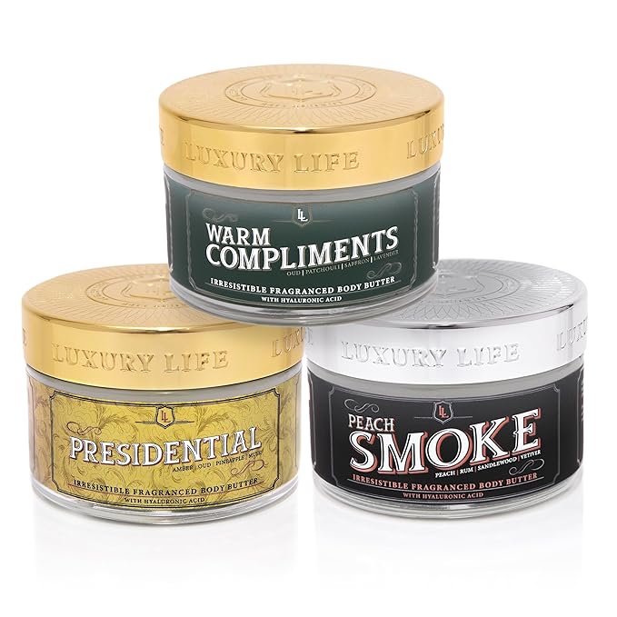 LUXURY LIFE BUTTER - Irresistibly Scented Body Butter with Hyaluronic Acid for Ultimate Moisture. Hydrates for a Non-Greasy Glamorous Glow (Presidential, Peach Smoke, Warm Compliments 5 oz)-GlimoraGlow
