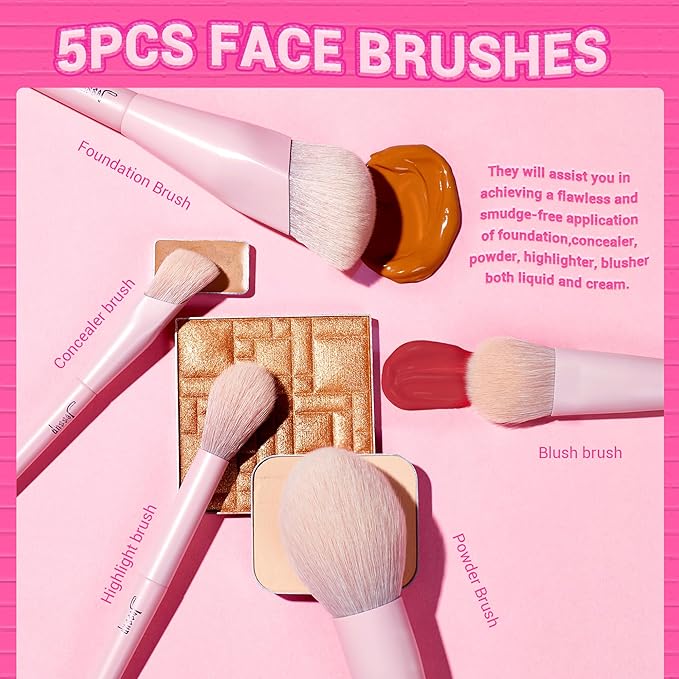 Jessup Pink Makeup Brushes Set 14Pcs Make up Brushes Premium Vegan Foundation Concealer Blush Eyeshadow Eyeliner Powder Highlighter Blending Face Brush Set, T495-GlimoraGlow