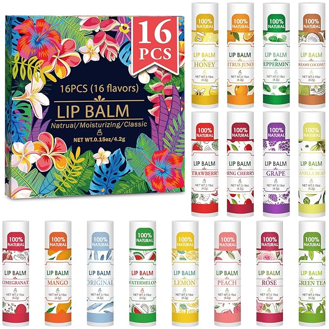 16 Pack Lip Balm, 100% Natural Lip Balm Bulk with Vitamin E and Coconut Oil, Moisturizing Lip Balm for Dry Lips - 16 Flavors-GlimoraGlow
