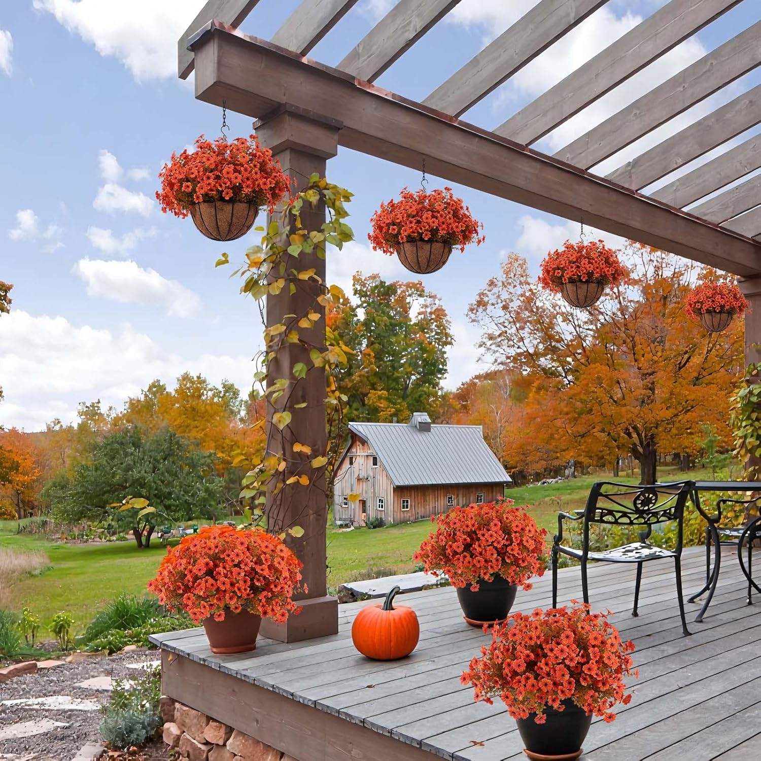 Hananona 36 Pcs Artificial Mum Flowers for Outdoors, Faux Fall Mums Silk Flower for Outside, Fake Orange Flowers for Fall Patio Front Door Planter Autumn Halloween Home Decorations (36, Orange)