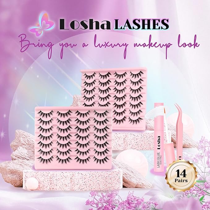 Losha Lashes Spiky Manga Lashes 14 Pairs Wispy False Eyelashes Natural Eye Lashes Kit with Lash Glue and Lash Tweezers Soft Anime Fake Eyelashes (Fairy)-GlimoraGlow