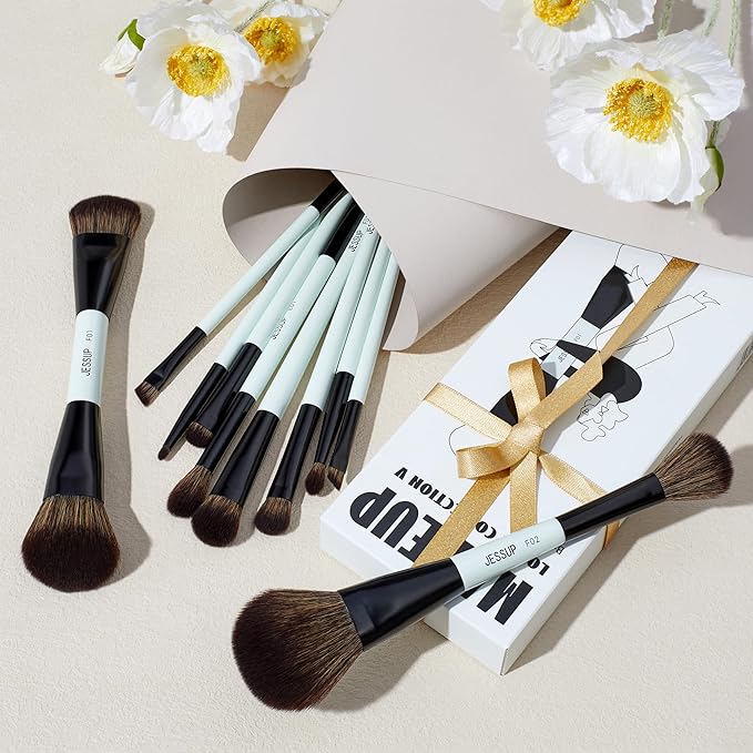 Jessup Makeup Brushes Set 10pcs, Double Sided Foundation Contour Blush Highlight Blending Eyebrow Brush Eyeshadow Eyeliner Concealer Brush, Bright Cyan Cruelty Free Cosmetic Tools T500-GlimoraGlow