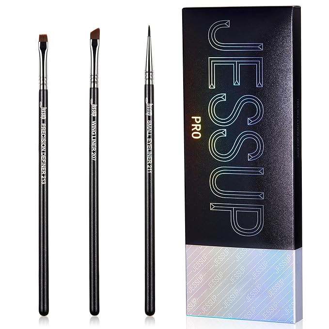 Jessup Eyeliner Brush Set, 3pcs Pro Precision Eyeliner Brushes Fine Point Angled Thin Gel Liquid Flat Winged Eye Liner Brush, Black T346-GlimoraGlow