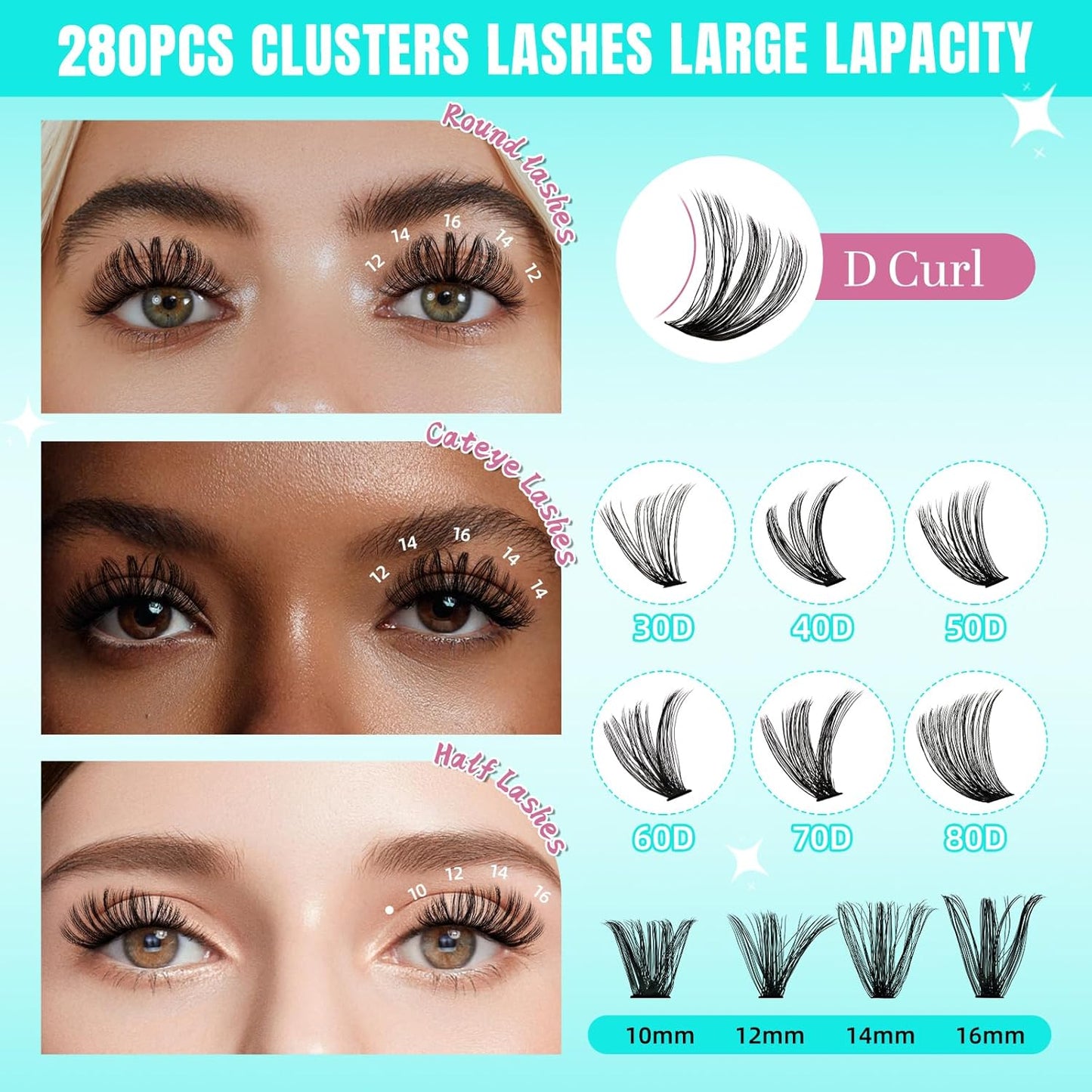 Lash Clusters Wispy 280PCS Eyelash Extension 70D Cluster Lashes Individual Lashes DIY Lash Extension Natural Look Cluster Eyelash Extensions Soft False Eyelashes at Home for Beginners(16mm)-GlimoraGlow