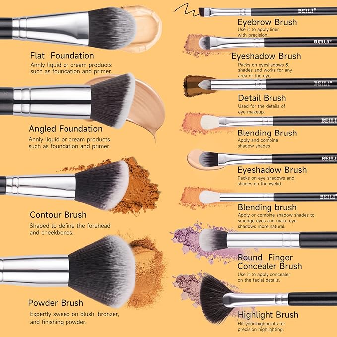 BEILI Makeup Brushes 12pcs Makeup Brushes Set with Holder Premium Synthetic Kabuki Foundation Brush Blending Blush Concealer Full Face Makeup Brushes Kit With Gift Box(Black)-GlimoraGlow