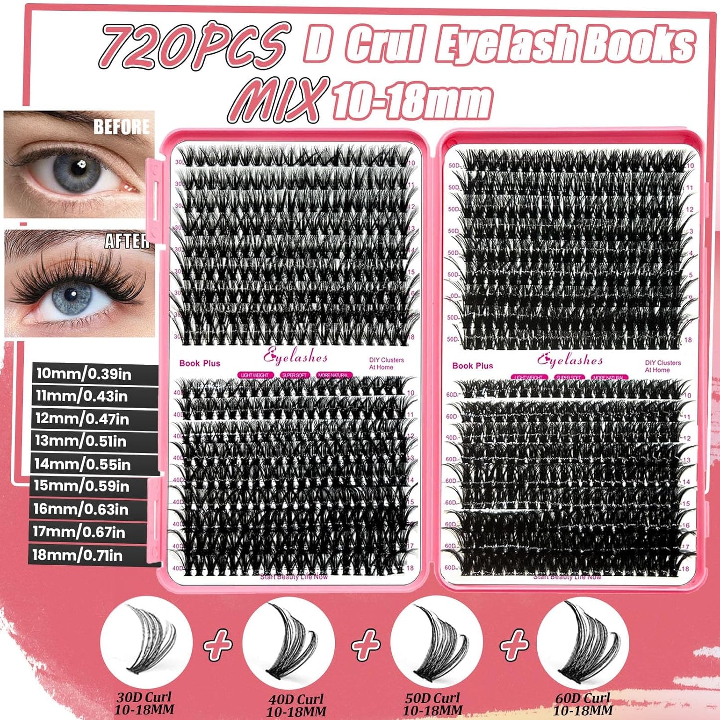 DIY Lash Extension Kit 720Pcs 10-18mm D Curl Lashes Clusters with Lash Bond and Seal Glue Remover Lash Shampoo Cleansing Brush Headband Wristband Tweezers Eyelash Brush Applicator-GlimoraGlow