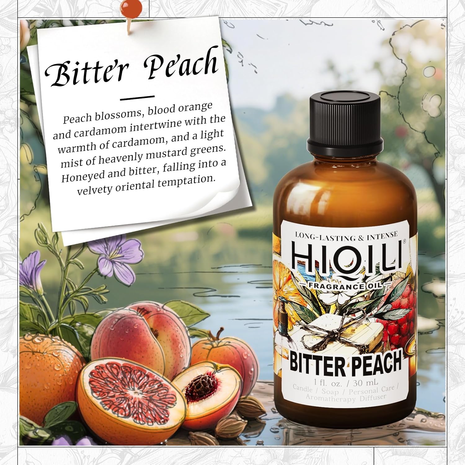 HIQILI Bitter Peach Fragrance Oil - for Candle, Soap & Sachets Bag Making, Inspired by T-F.rd Bitter-P.ch, for Home Diffuser, Add to Air Fresheners Spray - 1 Fl Oz-GlimoraGlow