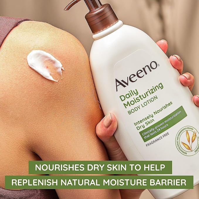 Aveeno Daily Moisturizing Body Lotion for Dry Skin with Prebiotic Oat, Fragrance & Paraben Free, Non-Greasy, Non-Comedogenic, for Sensitive Skin & 72-Hour Moisturizer 18 Fl Oz-GlimoraGlow