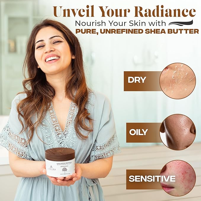 AZMERA Handcrafted Whipped Shea Body Butter – Luxurious Moisturizer for Dry, Sensitive Skin with Bergamot, Argan Oil & Vitamin E – Vegan, Non-Greasy Skincare – 8.82 oz-GlimoraGlow
