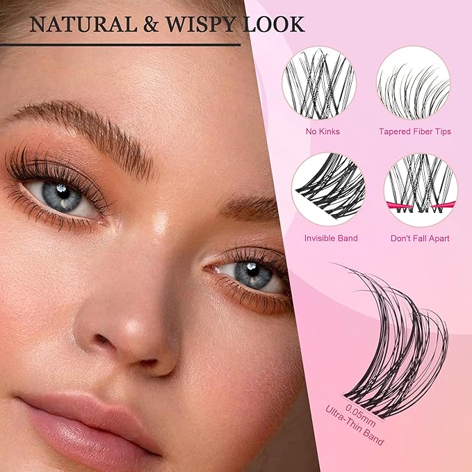 Nova Lash Clusters Kit - 360 pcs Lash Clusters Natural Look Invisible Band Eyelash Clusters Lash Extension Kit with Bond and Seal 0.07D D Curl WideSpan Cluster Eyelash Extension Kit 8-16mm DIY at Home-GlimoraGlow