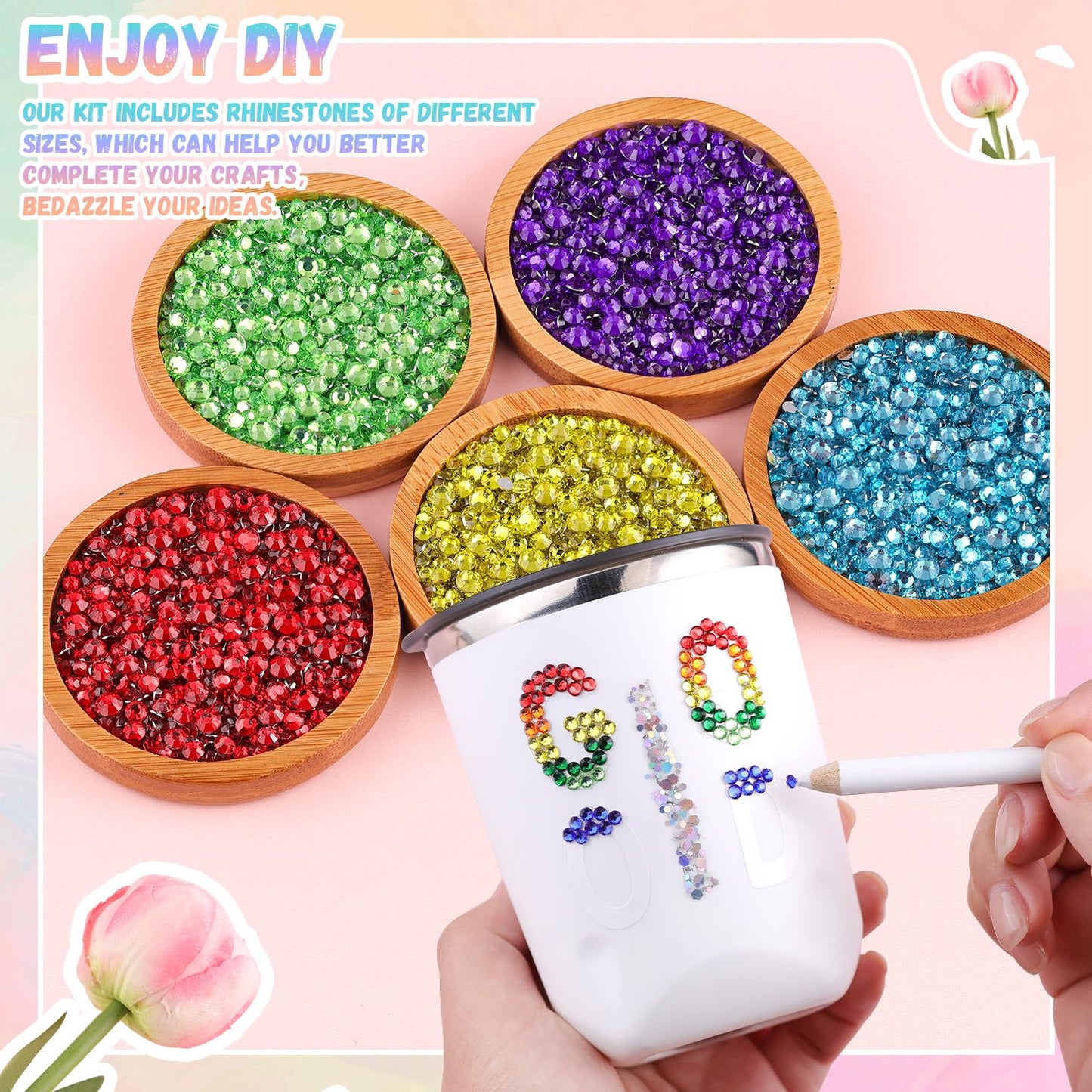 22000Pcs Resin Rhinestones for Bedazzling with 3Pcs B7000 Jewelry Glue, Multicolor 2/3/4mm Flatback Gems Rhinestones for Crafting, Clothing Tumblers Mugs Shoes Fabric Decor Nail Art-GlimoraGlow
