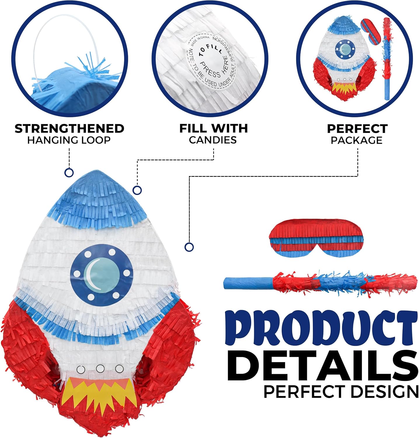 Rocket Pinatas Bundle with a Blindfold and Bat(16.5x11.4x4 Inches), Perfect for Boy's Birthday Party Supplies, Space Theme Birthday, Decoration for Kids Party