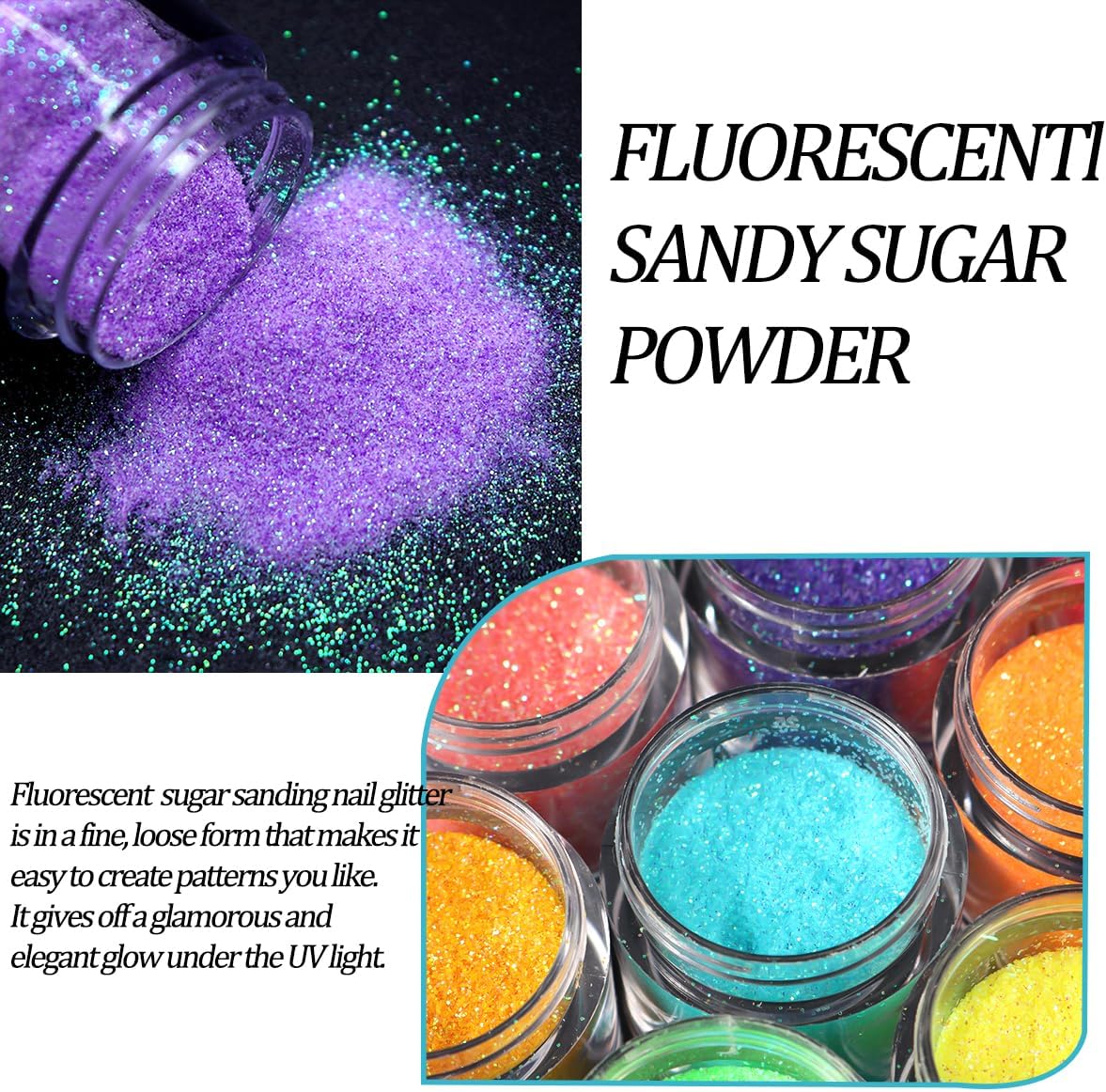 10 Bottle Shimmer Sugar Glitter Powder for Nails,Colorful Candy Coat Effect Iridescent Nail Dipping Powder Pigment, Fluorescent Chrome Dust and Stainless Steel Cuticle Pusher for DIY Manicure Decor-GlimoraGlow