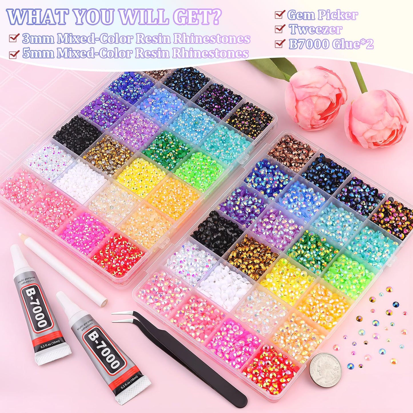 2 Boxes Jelly Rhinestones for Bedazzling, 30600Pcs 3mm & 5mm Multicolor Flatback Resin Gems for Crafting, Bedazzler Kit with 2Pcs 10ml B7000 Jewelry Glue for DIY Crafts Book Fabric Decor Nail Art-GlimoraGlow