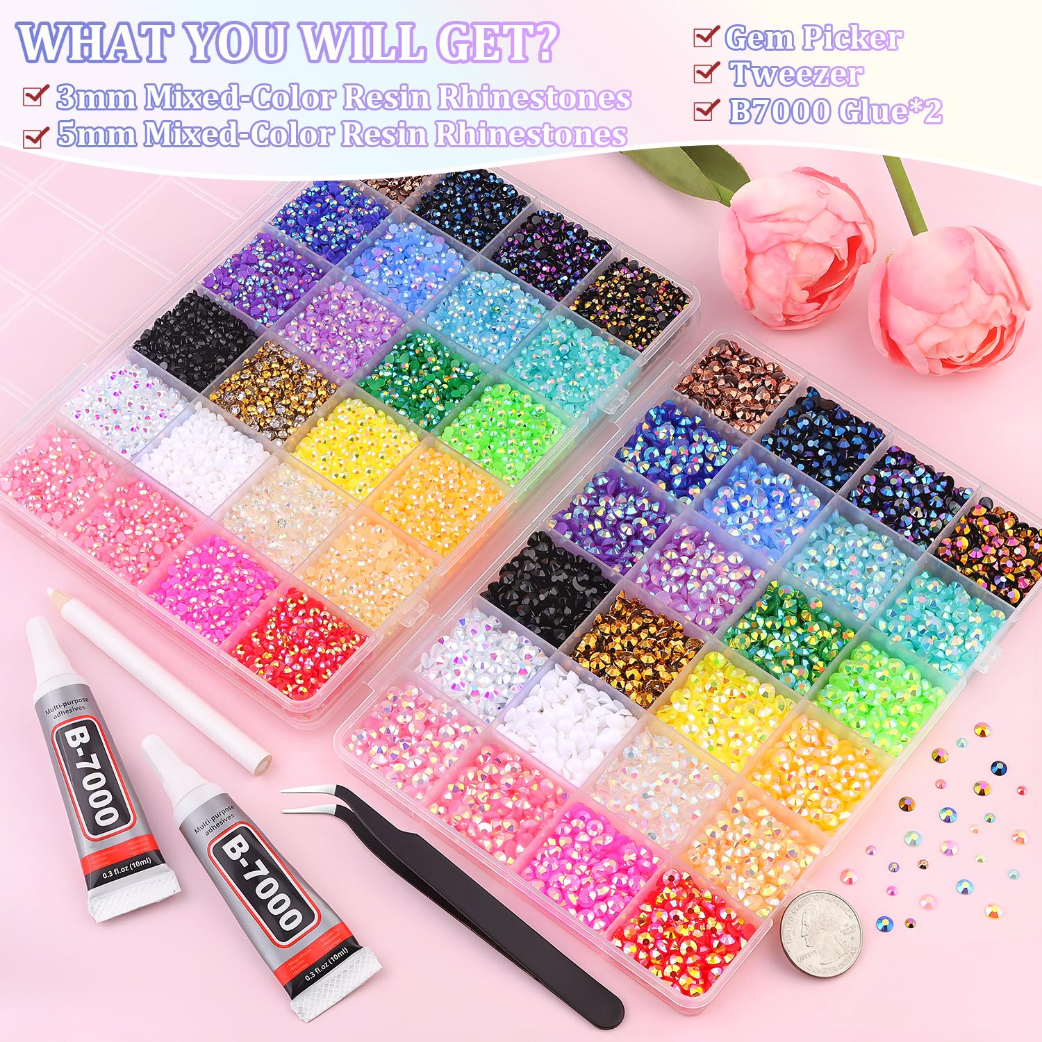 2 Boxes Jelly Rhinestones for Bedazzling, 30600Pcs 3mm & 5mm Multicolor Flatback Resin Gems for Crafting, Bedazzler Kit with 2Pcs 10ml B7000 Jewelry Glue for DIY Crafts Book Fabric Decor Nail Art-GlimoraGlow