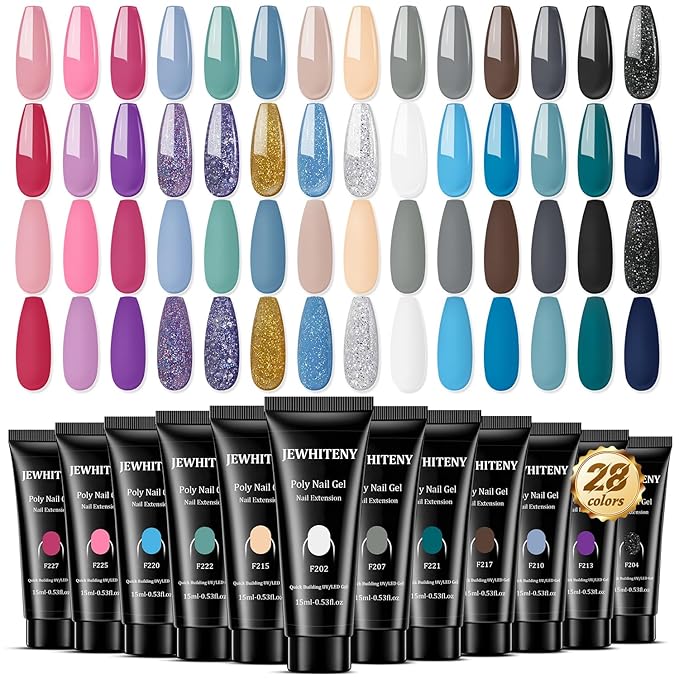 JEWHITENY 28 Colors Poly Nail Gel Set - 15ml Nude Pink Brown Black Grey Blue Yellow Tones for French Manicure DIY Nail Art Salon & Home Use Holiday Gift-GlimoraGlow