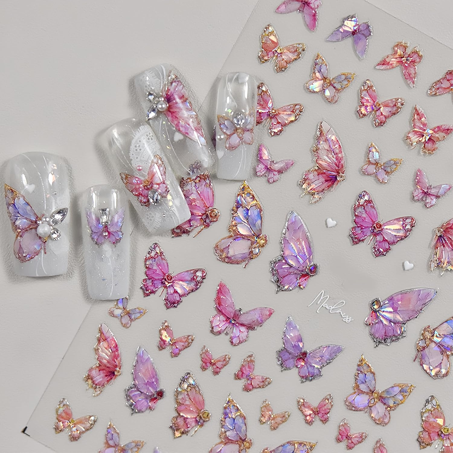 2 Sheets Butterfly Nail Art Stickers 5D Embossed Self-Adhesive Pink Aurora Sparkling Butterfly Nail Decals Designs for Women Girls DIY Nail Decoration-GlimoraGlow