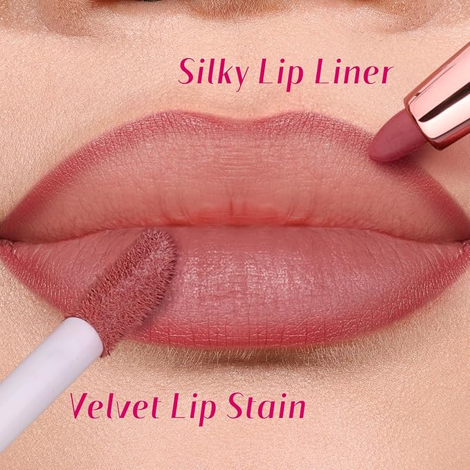 2 PCS Lip Liner and Lip Stain Combo Set, High Pigmented Long Lasting Velvet Lip Tint, Well-Defined Lipliner, Weightless Waterproof Not Animal Tested, Matte Finish Makeup-GlimoraGlow
