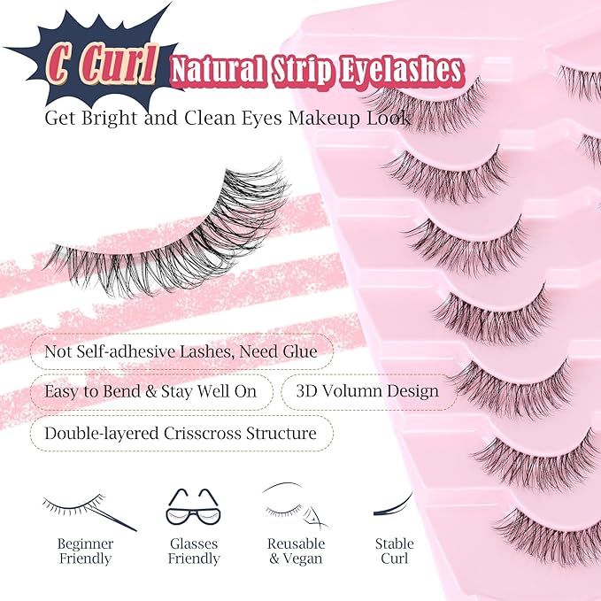 Lashes Natural Look False Eyelashes Wispy 13mm Eye Lashes Pack with Thin Cotton Band C Curl Fake Eyelashes 3D Volume For Daily Siligli Lash 7 Pair-GlimoraGlow