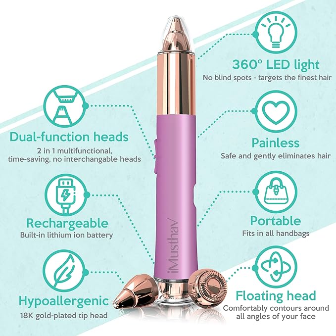 2 in 1 Eyebrow and Facial Hair Remover for Women Painless Flawless Electric Razor Epilator Trimmer Shaver with 18K Gold-Plated, USB Rechargeable, 360° LED for Eyebrow and Face Hair Removal-GlimoraGlow
