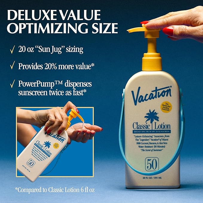 Vacation Classic Lotion SPF 50 Sun Jug, Broad Spectrum Bulk Sunscreen SPF 50, Water Resistant Sunblock, Suntan Lotion with Pump, Vegan, Family-Size, 20 Fl. Oz.-GlimoraGlow