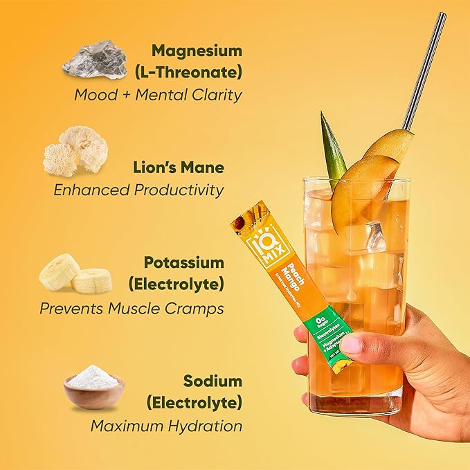 IQMIX Hydration Electrolyte Powder – 4-in-1 Formula for Hydration, Mental Clarity, Mood and Recovery – Sugar-Free Drink Mix, Keto, Magnesium L-Threonate, Lion’s Mane – 20 Count Peach Mango-GlimoraGlow