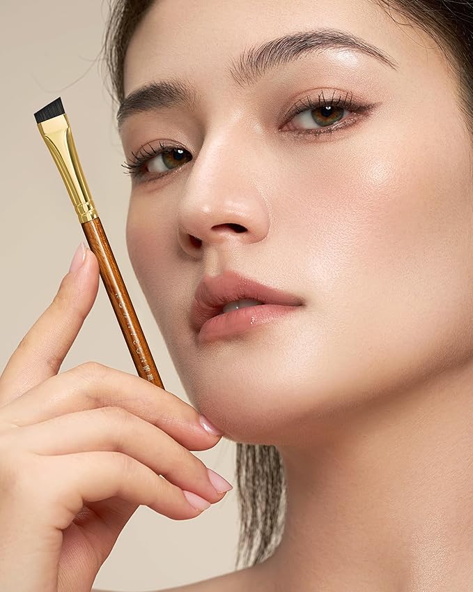 Desert Oak Series MicroBlade Angled Brow Brush - 11mm Ultra-Fine Nylon Bristles for 1mm Hair Strokes, Pomade/Gel/Powder Application, Bubinga & Brass (CM 190)-GlimoraGlow