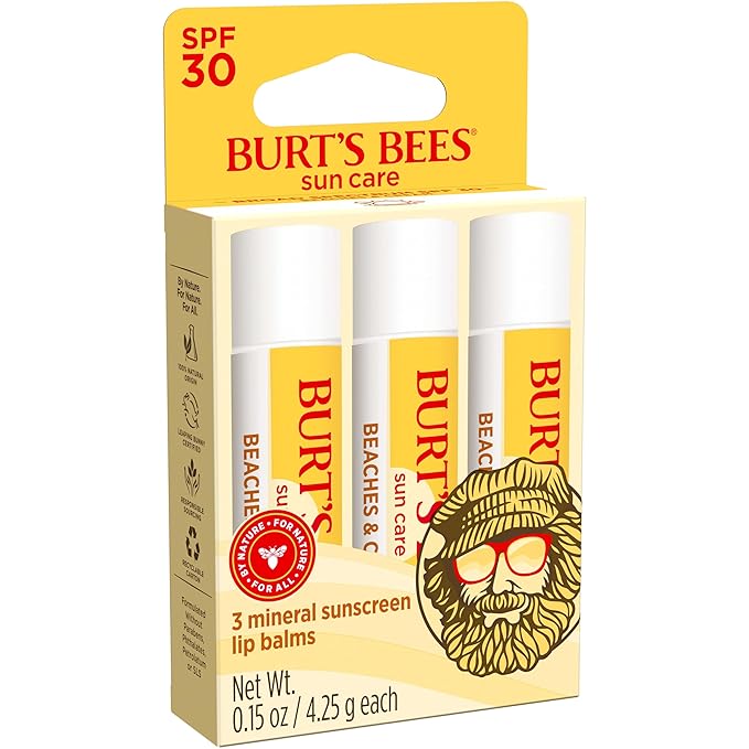 Burt’s Bees SPF 30 Lip Balm Mothers Day Gifts for Mom, Beaches and Cream, Water-Resistant Sun Care, Nano-Free Zinc Oxide Formula, Natural Origin Conditioning Lip Treatment, 3 Tubes, 0.15 oz.-GlimoraGlow