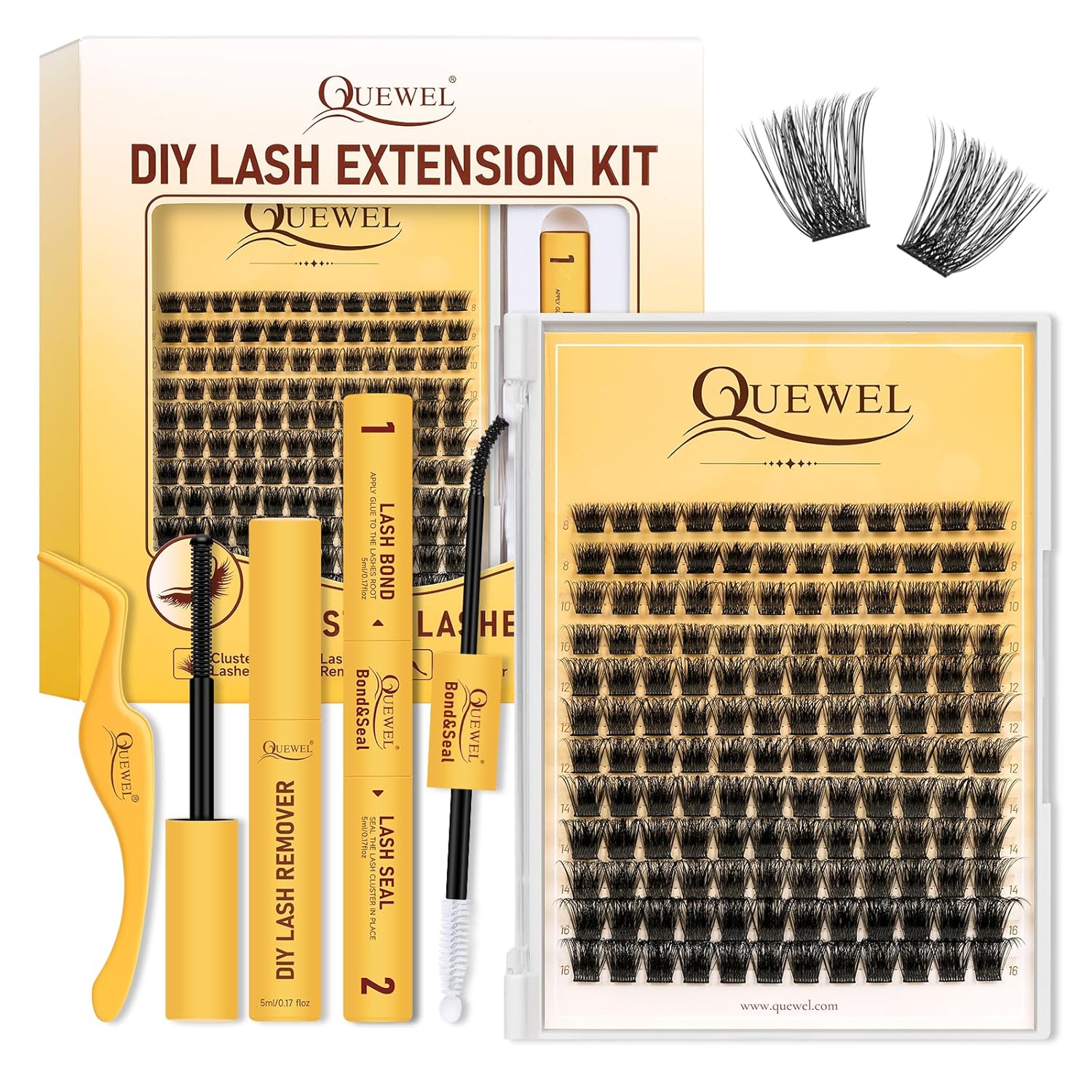 QUEWEL Lash Clusters Kit, Lashes Clusters Bond and Seal Waterproof, Eyelash Clusters Applicator Tool with Cluster Lashes Glue Remover for Natural Look DIY At Home(ZS-H01-kit)-GlimoraGlow