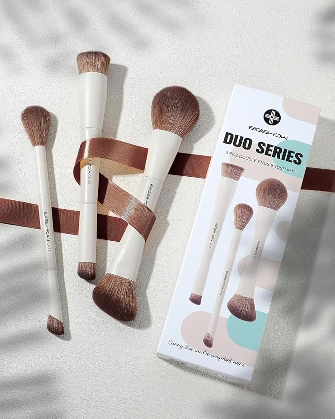 EIGSHOW Makeup Brush Set, 3Pcs Double Ended Face Makeup Brushes for Foundation Powder Contour Highlight Concealer Nose Shadow, Travel Gift Set (Beige)-GlimoraGlow