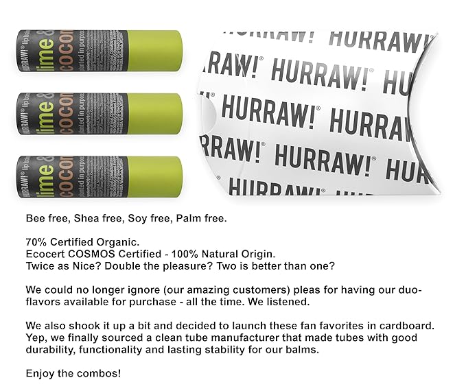 Hurraw! Lime & Coconut Lip Balm, 3 Pack: Plastic-Free with new cardboard push-up tube. Certified Organic, All Natural Origin, Vegan & Cruelty Free. Gluten Free. Bee, Shea, Soy & Palm Free. Made in USA-GlimoraGlow