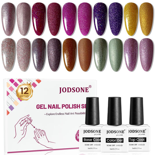 JODSONE 12 Bottles Gel Nail Polish Set with Base Coat and Top Coat Great Holiday Gift for Ladies and Girls-GlimoraGlow