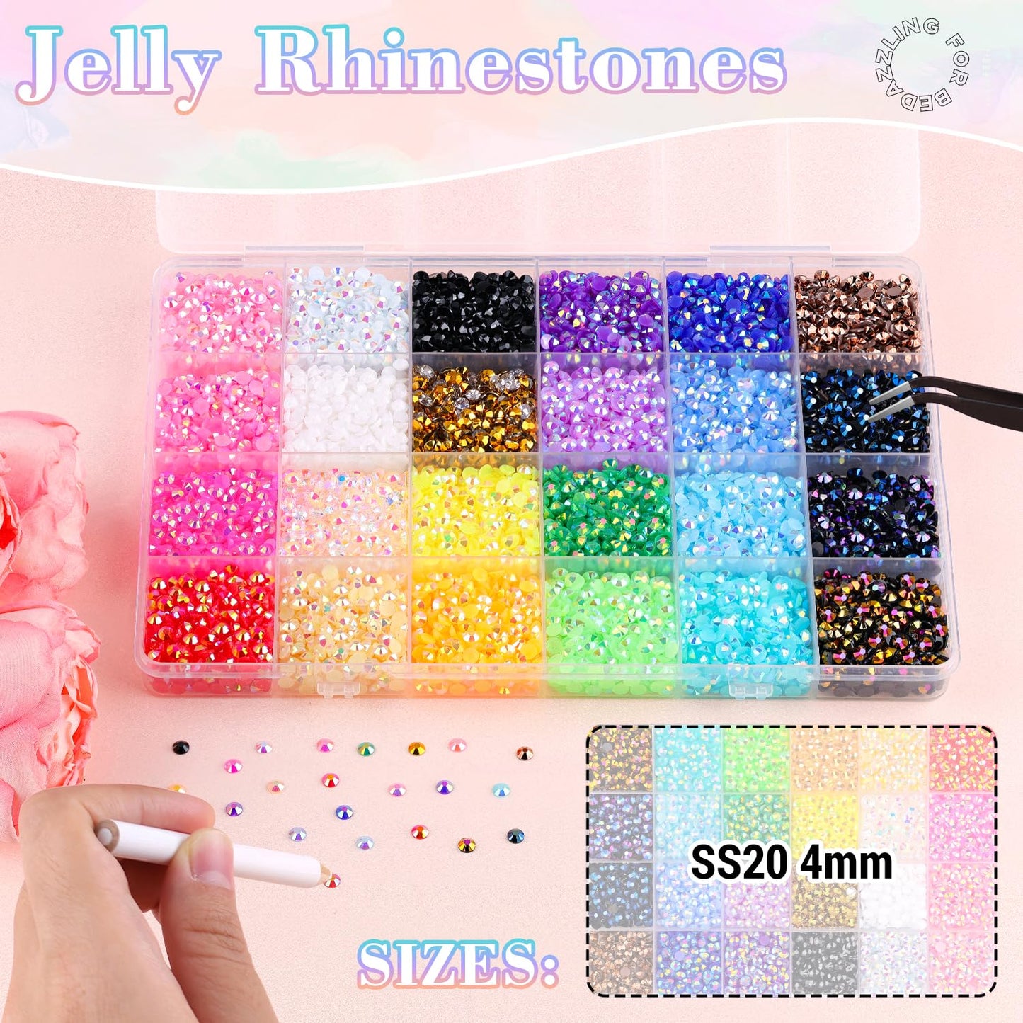 12600Pcs Resin Jelly Rhinestones with Tweezers for Crafting, Multi Colors 4mm Non Hotfix Flatback Gems, Bedazzling Crystal for DIY Crafts Clothing Tumblers Mugs Shoes Decor Nail Art-GlimoraGlow