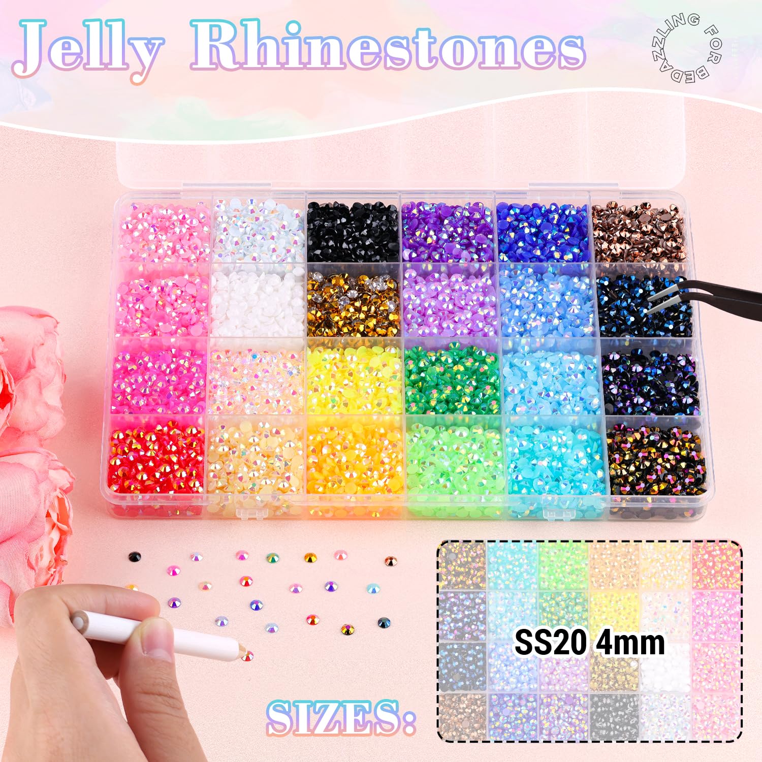 12600Pcs Resin Jelly Rhinestones with Tweezers for Crafting, Multi Colors 4mm Non Hotfix Flatback Gems, Bedazzling Crystal for DIY Crafts Clothing Tumblers Mugs Shoes Decor Nail Art-GlimoraGlow
