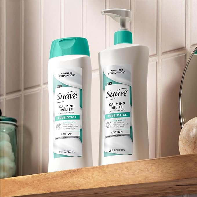 Suave Calming Relief Hand & Body Lotion for Women With Prebiotics For Sensitive Skin, Fragrance & Allergen Free, Helps Restore Skin's Moisture Barrier, 18 FL OZ, 6 Pack-GlimoraGlow