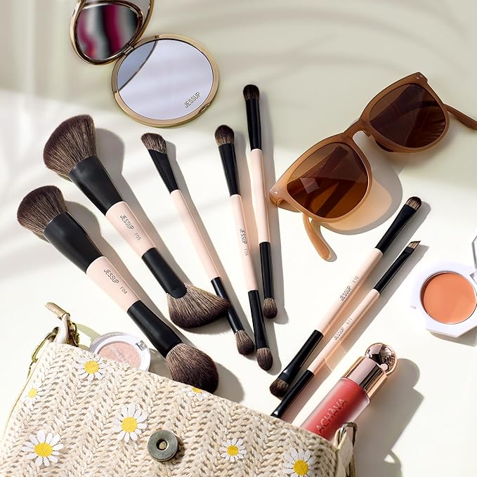 Jessup Makeup Brushes Set 7pcs Double Sided Makeup Brushes for Foundation Concealer Blush Eyeshadow Contour Bronzer Powder Blending Eyebrow Eyeliner, Cruelty-Free Make up Brushes Peach Dust T600-GlimoraGlow