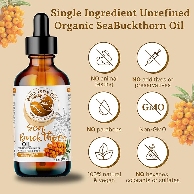 Bella Terra Oils - Organic Sea Buckthorn Oil 8oz - Cold-Pressed Treasure, Bursting with Omega-3 & Omega-6, A Radiant Glow in Every Bottle-GlimoraGlow