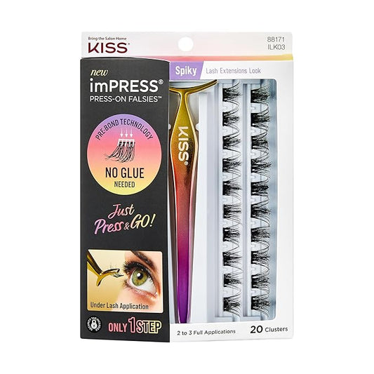 KISS imPRESS Falsies Press On Self Adhesive Eyelashes, 12mm-14mm Glam Volume Press On Lashes, Black, No Glue Needed, Invisible Band, 20 Lash Clusters & Non-Stick Applicator - Spiky-GlimoraGlow
