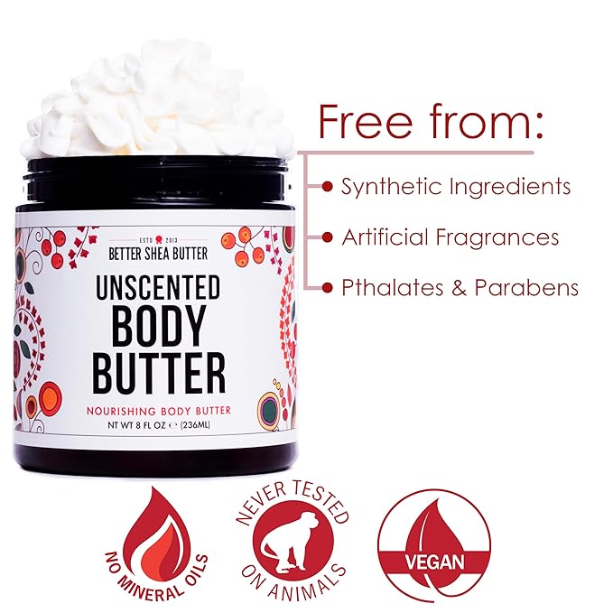 Unscented Body Butter for Dry Skin | with Raw Shea Butter and Jojoba Oil | Deep Moisturizer Safe for Sensitive Skin, Non Greasy, Fragrance Free | 8 oz-GlimoraGlow