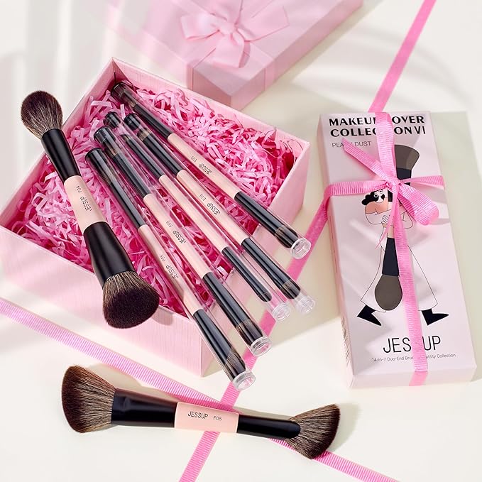 Jessup Makeup Brushes Set 7pcs Double Sided Makeup Brushes for Foundation Concealer Blush Eyeshadow Contour Bronzer Powder Blending Eyebrow Eyeliner, Cruelty-Free Make up Brushes Peach Dust T600-GlimoraGlow