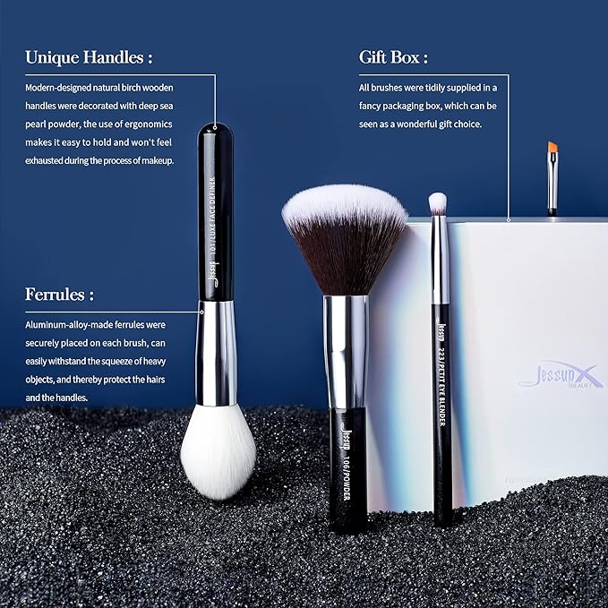 Jessup 25pcs Professional Makeup Brush Set Foundation Powder Concealer Eyeshadow Blending Blush Highlighter Natural-Synthetic Hair Brushes (Black/Silver)-GlimoraGlow